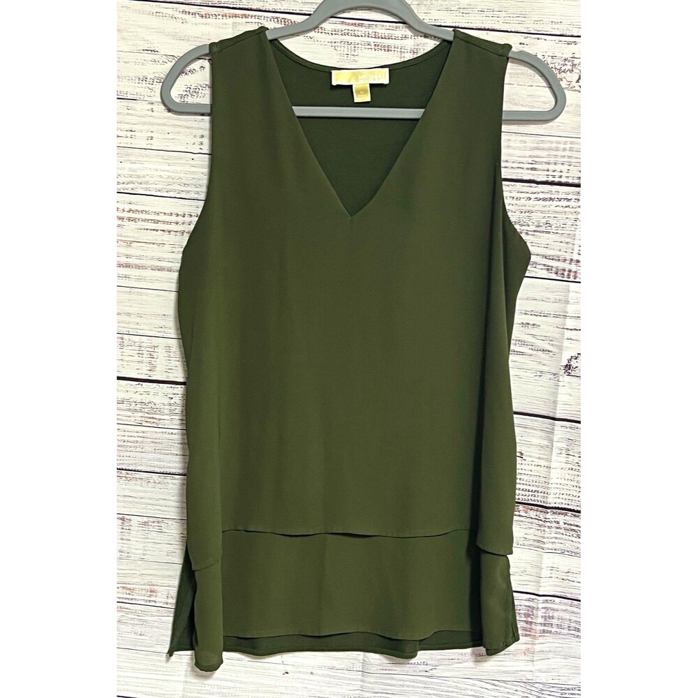 Michael Kors Olive Green Tiered V-Neck Sleeveless Blouse Tunic Top Women’s M